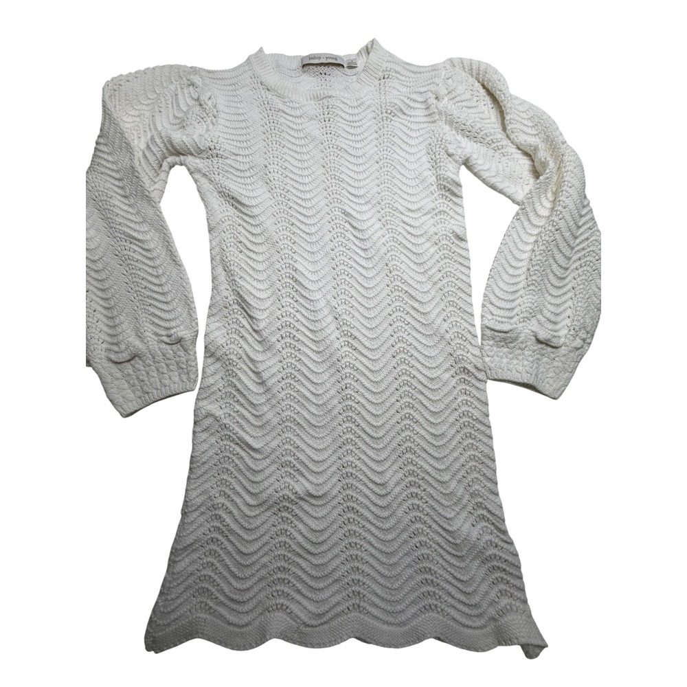 Bishop + Young Cream White Chevron Pointelle Knit Long Sleeve Mini Dress Small